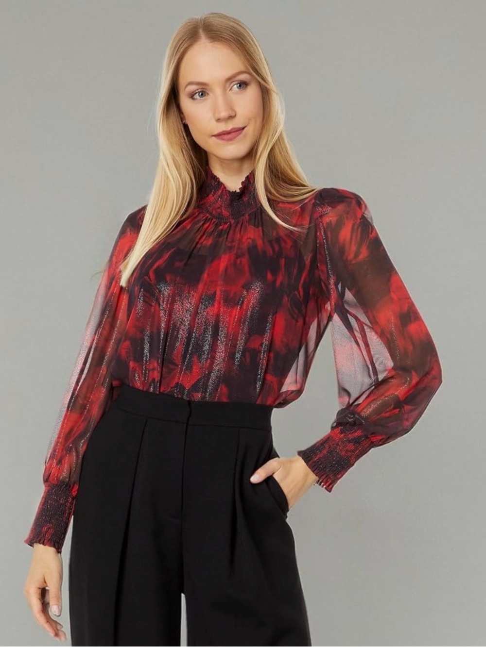BCBGMAXAZRIA Red and Black Sheer Smocked Mock Neck Long Sleeve Blouse Medium
